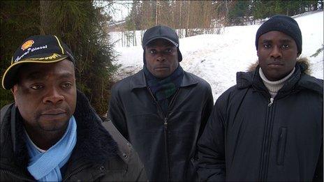 (Left to right) Fofana Baleymory, Benjamin N'Guessan and Frederic Karangwa - African asylum seekers in Russia