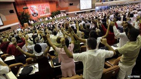 Delegates sing "The International" at the end of the closing ceremony of the sixth Cuban Communist Party (PCC) Congress in Havana, 19 April, 2011