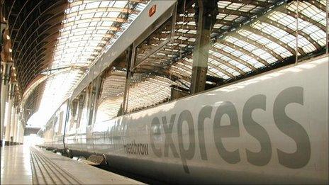 A Heathrow Express train at Paddington Station in London