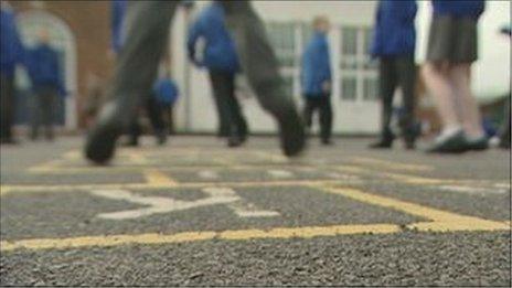 Children playing hopscotch at school