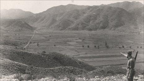 A soldier looking towards Gloster Hill near the Imjin River in South Korea