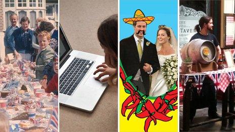 From left: 1977 street party, girl on computer in 21st Century; poster for Mexican-themed royal party in 2011 and Lamb Tavern gets ready for 29 April, 2011