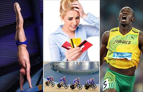 Clockwise from left: Tom Daley, a woman with credit cards, Usain Bolt, and cyclists