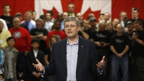 Canadian Prime Minister Stephen Harper speaking during a campaign stop