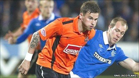 David Goodwillie shields the ball from Rangers' Steven Whittaker