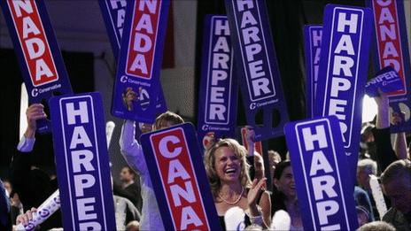 Supporters of Canada's Conservative Party cheer on election night, 2 May