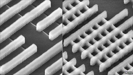 Planar and tri-gate chips under microscope