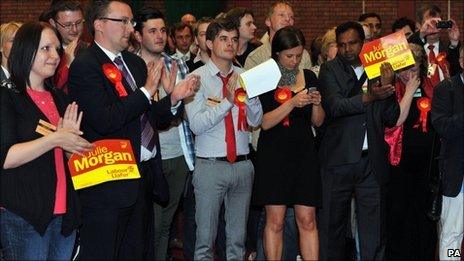 Labour supporters celebrating results in Cardiff