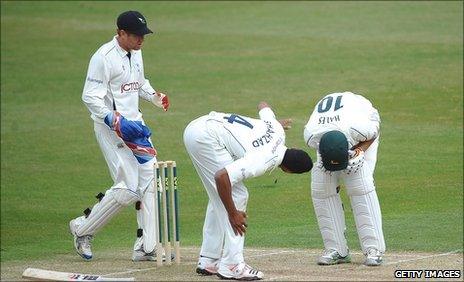 Alex Hales is hit by an Ajmal Shahzad bouncer