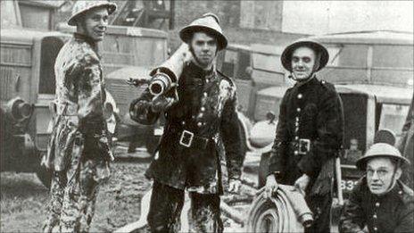 Firefighters at work in Nottingham during World War II