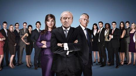 Karren Brady, Lord Sugar and Nick Hewer with this year's candidates