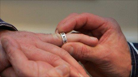 Same-sex couple marking partnership with ring - file pic