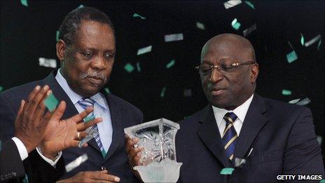 Caf president Issa Hayatou (left) and Jacques Anouma