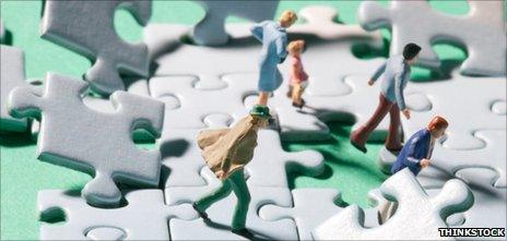 Model figures on shaky jigsaw