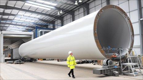 A wind turbine tower in the Mabey Bridge factory