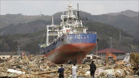 A ship pushed on to land in Kesennuma, Miyagi prefecture, on 2 April 2011