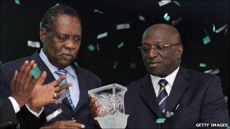 Caf president Issa Hayatou (left) and Jacques Anouma