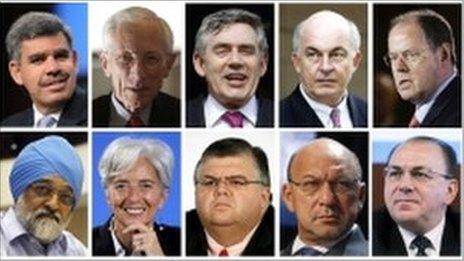 (Top left to Right)- Mohamed El-Erian, Stanley Fischer of Israel, Gordon Brown of Britain, Kemal Dervis of Turkey, Peer Steinbrueck of Germany, (bottom L-R) Montek Singh Ahluwalia of India, Christine Lagarde of France, Agustin Carstens of Mexico, Trevor Manuel of South Africa and Axel Weber of Germany