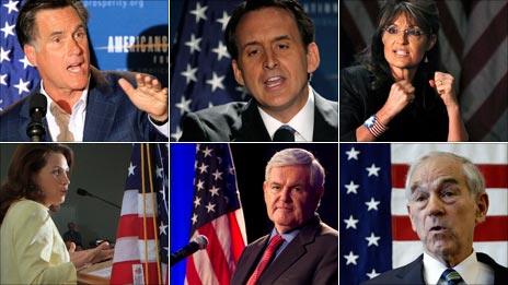 Clockwise, from top left: Romney, Pawlenty, Palin, Paul, Gingrich and Bachmann