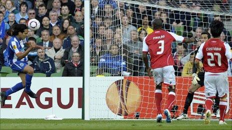 Falcao (left) heads his side's winner at the end of the first half