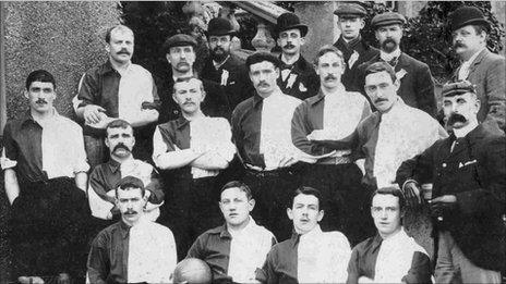 Chirk FC, pictured in 1894 (Billy Meredith is middle left). Courtesy of The History of Chirk F.C. 1876 - 2002 by Nigel Roberts.