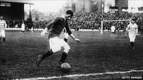 Billy Meredith of Manchester United in action during the first ever FA Charity Shield match (28 August, 1908) against Queens Park Rangers. Following a 1-1 draw, United won 4-0 in the replay