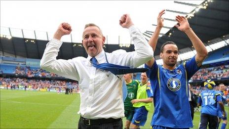 AFC Wimbledon manager Terry Brown and striker Kaid Mohamed celebrate