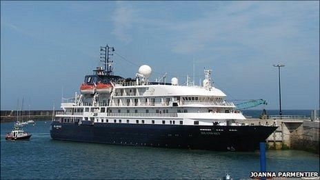 Island Sky docks in Alderney's Braye Harbour