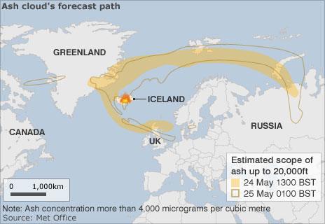 Map showing path of ash cloud