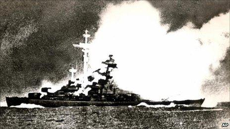 The Bismarck suffers a direct hit during battle in the Atlantic in 1941
