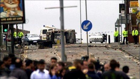 Scene from Oldham riots in 2001