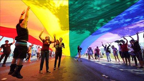 People take part in the 2nd Gay Parade Against Homophobia in Brasilia on 18 May 2011