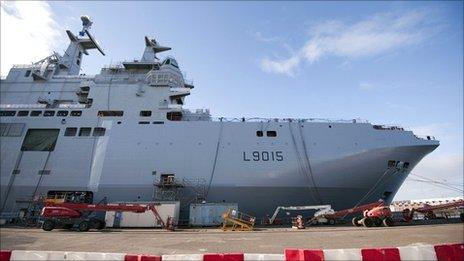 File picture of a Mistral high-tech amphibious helicopter carrier assault and command ship at the STX shipyard in Saint Nazaire, western France