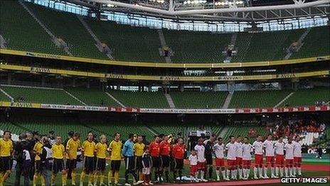 Wales and Scotland line up at a sparsely-attended Aviva Stadium in Dublin for their Nation's Cup clash