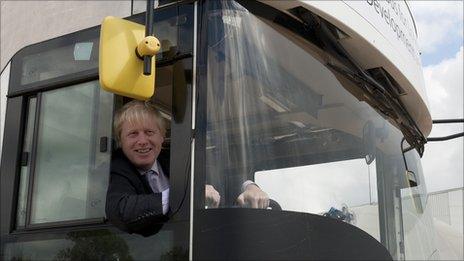 Boris Johnson behind the wheel of a bus