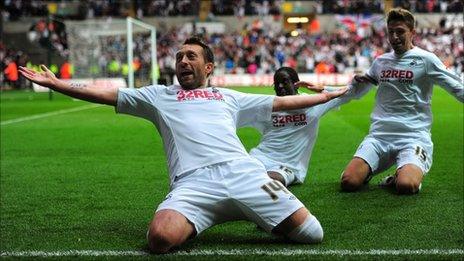 Swansea player Stephen Dobbie celebrates scoring in the team's play off semi final victory over Nottingham Forest