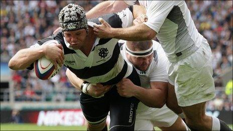 Joe van Niekerk powers over for the Barbarians' fifth try