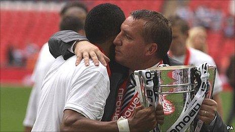 Swansea boss Brendan Rodgers hugs play-off final hat-trick hero Scott Sinclair