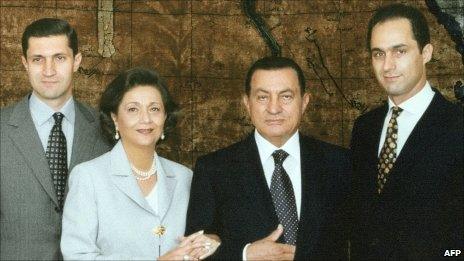 (From left) Alaa Mubarak, Suzanne Mubarak, Hosni Mubarak and Gamal Mubarak (undated)