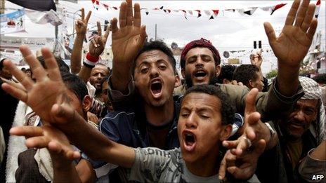 Yemeni anti-government protesters shout slogans during a demonstration calling for the removal of President Ali Abdullah Saleh in Sanaa on June 2, 2011