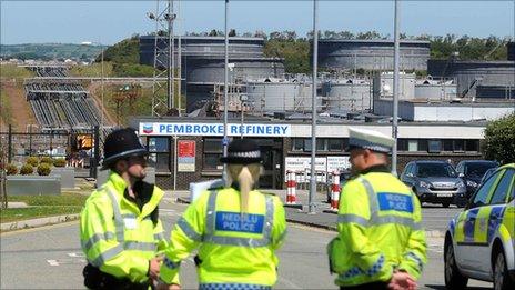 Police outside the Pembroke refinery on Friday