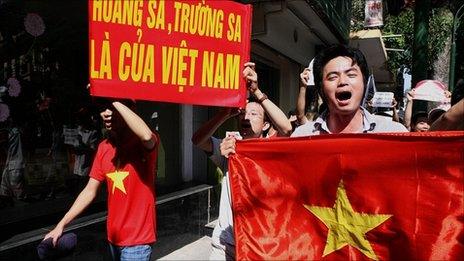 Protesters shout anti-China slogans during a protest in Hanoi, 5 June 2011.