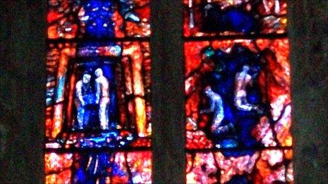 Freeminers stained glass window at St Michael's Church at Abenhall