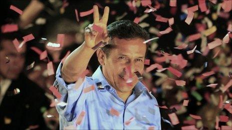 Ollanta Humala celebrates after the presidential run-off election in Peru