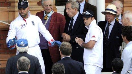 Matt Prior, accompanied by Andrew Strauss, apologises