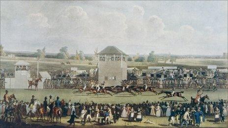 A race at Ascot in Berkshire, 1820. Drawn and engraved by James Pollard.