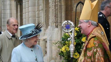 The Bishop of Norwich, The Rt Rev Graham James, with the Queen and Duke of Edinburgh