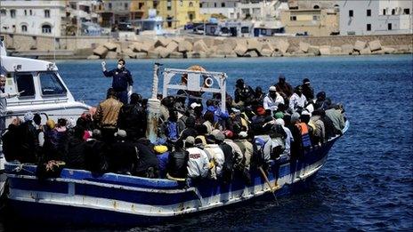 A boat with Libyan migrants arrives at Lampedusa