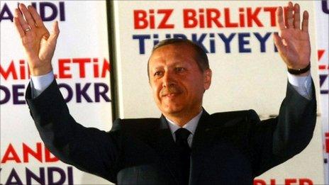 Turkish PM Recep Tayyip Erdogan and his wife greet supporters in Ankara (12 June 2011)