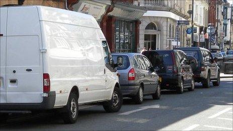 Vehicles parked on double yellow lines in Terrace Road, Aberystwyth